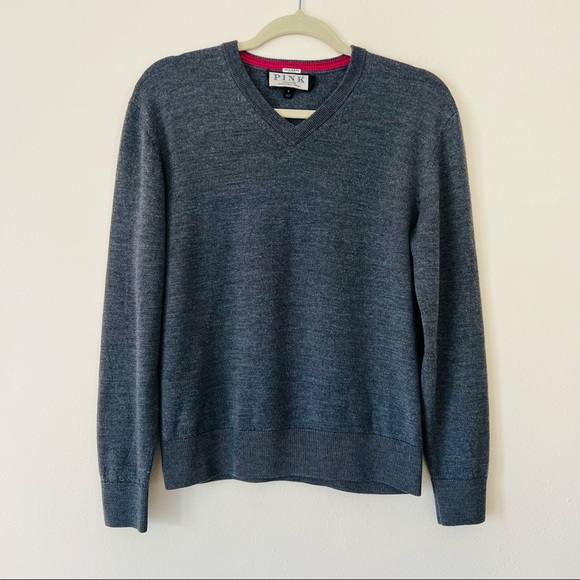 Thomas Pink Gray V-neck Pullover 100% wool sweater - Picture 5 of 8